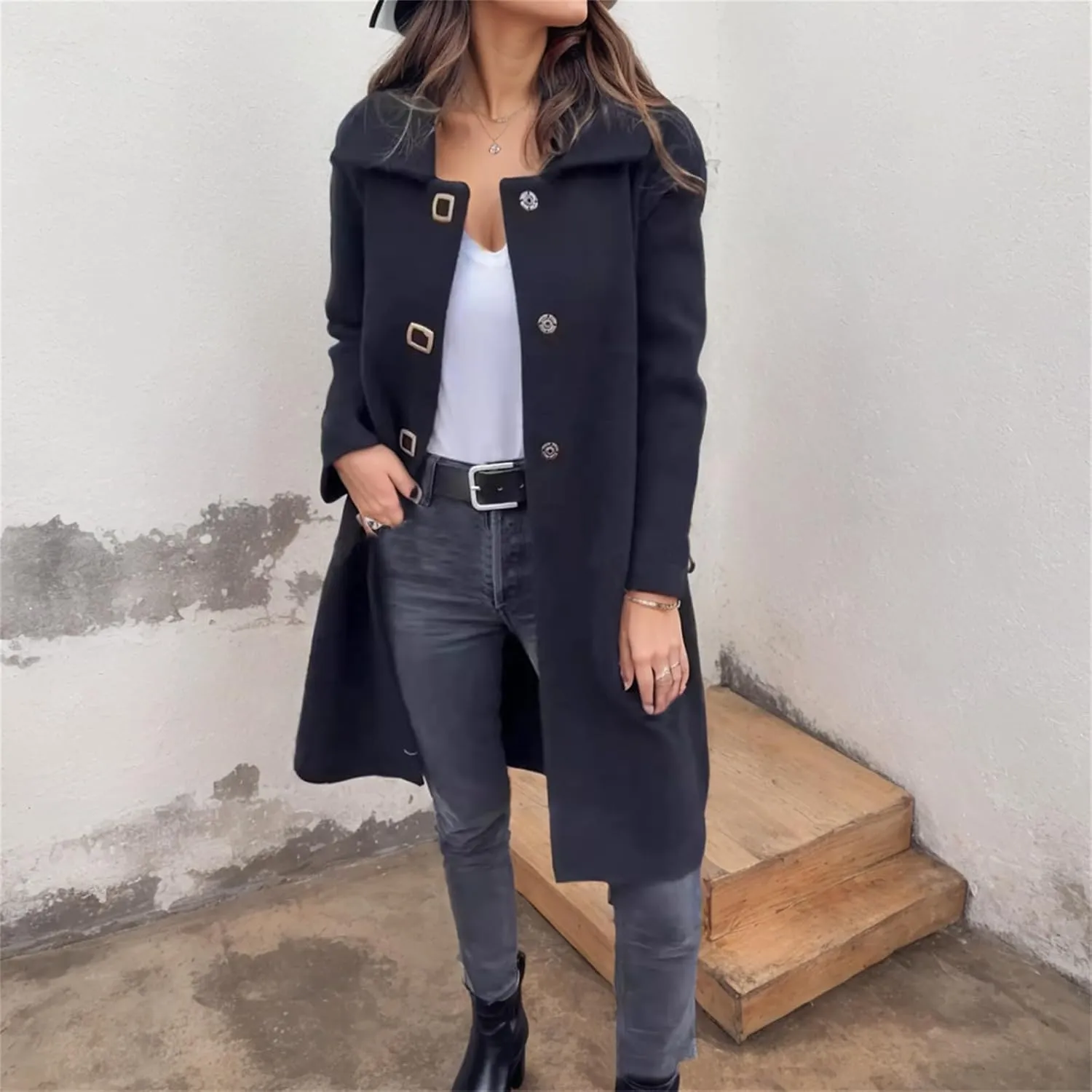 IVERIRMIN Women's Button Snap Pea Coats Dressy Casual Lapel Collar Long Jacket Winter Trench Overcoat Outerwear Office Outfit