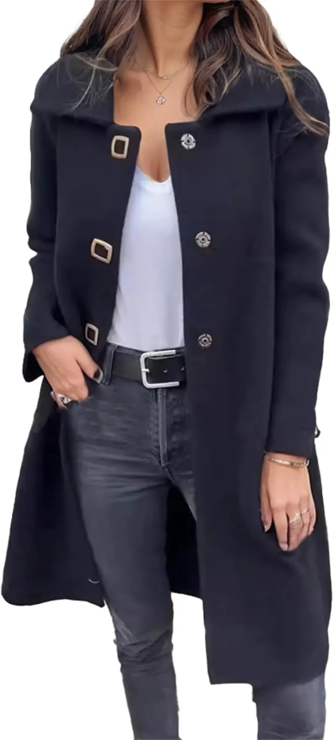 IVERIRMIN Women's Button Snap Pea Coats Dressy Casual Lapel Collar Long Jacket Winter Trench Overcoat Outerwear Office Outfit