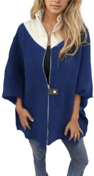 IVERIRMIN Women's Oversized Zip-up Jacket Casual Colorblock Stand Collar Poncho Coats Open Sleeve Cloak Overcoat Cape Outwear