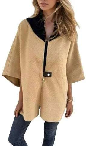 IVERIRMIN Women's Oversized Zip-up Jacket Casual Colorblock Stand Collar Poncho Coats Open Sleeve Cloak Overcoat Cape Outwear