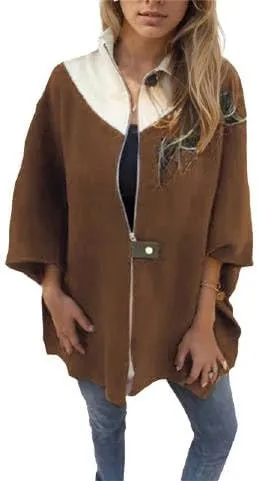 IVERIRMIN Women's Oversized Zip-up Jacket Casual Colorblock Stand Collar Poncho Coats Open Sleeve Cloak Overcoat Cape Outwear