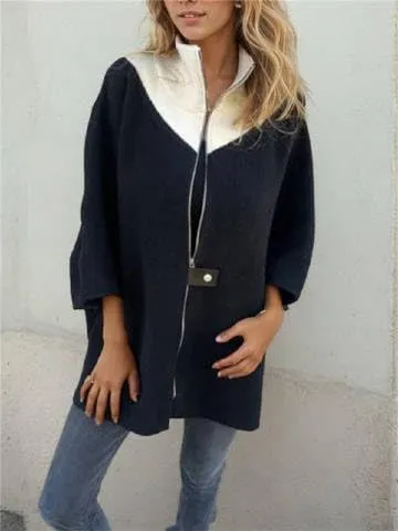 IVERIRMIN Women's Oversized Zip-up Jacket Casual Colorblock Stand Collar Poncho Coats Open Sleeve Cloak Overcoat Cape Outwear