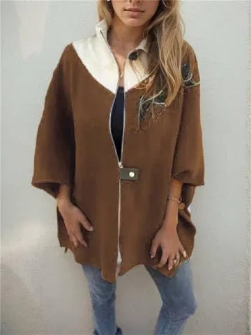 IVERIRMIN Women's Oversized Zip-up Jacket Casual Colorblock Stand Collar Poncho Coats Open Sleeve Cloak Overcoat Cape Outwear