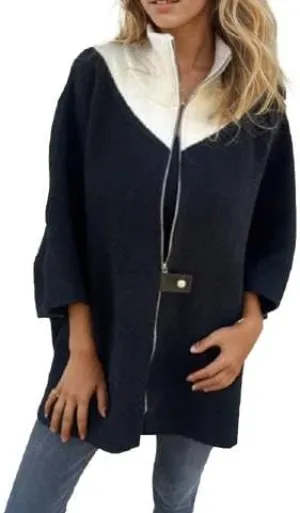 IVERIRMIN Women's Oversized Zip-up Jacket Casual Colorblock Stand Collar Poncho Coats Open Sleeve Cloak Overcoat Cape Outwear