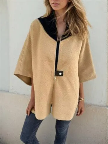 IVERIRMIN Women's Oversized Zip-up Jacket Casual Colorblock Stand Collar Poncho Coats Open Sleeve Cloak Overcoat Cape Outwear
