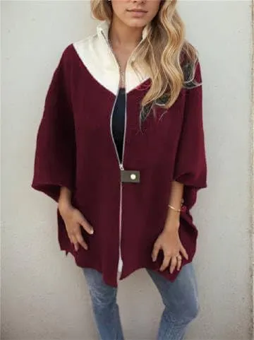 IVERIRMIN Women's Oversized Zip-up Jacket Casual Colorblock Stand Collar Poncho Coats Open Sleeve Cloak Overcoat Cape Outwear