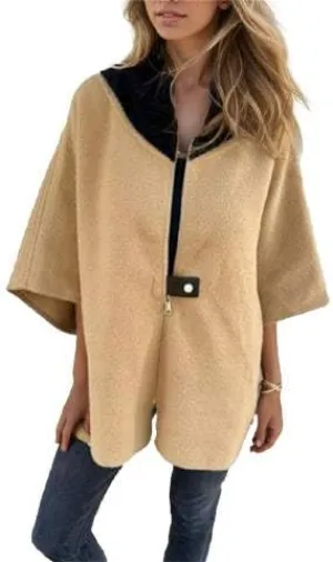 IVERIRMIN Women's Oversized Zip-up Jacket Casual Colorblock Stand Collar Poncho Coats Open Sleeve Cloak Overcoat Cape Outwear