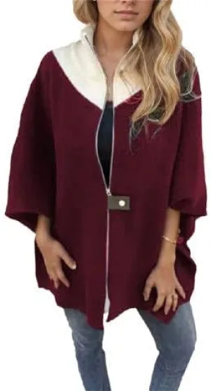 IVERIRMIN Women's Oversized Zip-up Jacket Casual Colorblock Stand Collar Poncho Coats Open Sleeve Cloak Overcoat Cape Outwear