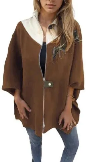 IVERIRMIN Women's Oversized Zip-up Jacket Casual Colorblock Stand Collar Poncho Coats Open Sleeve Cloak Overcoat Cape Outwear