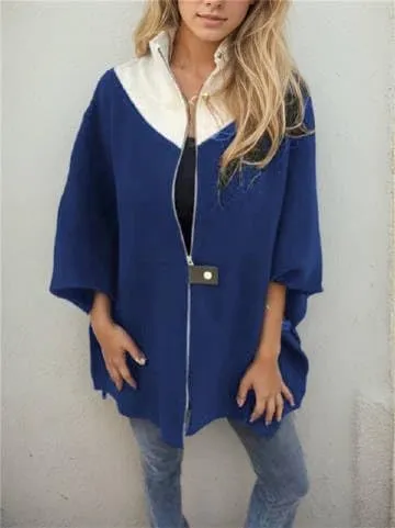 IVERIRMIN Women's Oversized Zip-up Jacket Casual Colorblock Stand Collar Poncho Coats Open Sleeve Cloak Overcoat Cape Outwear