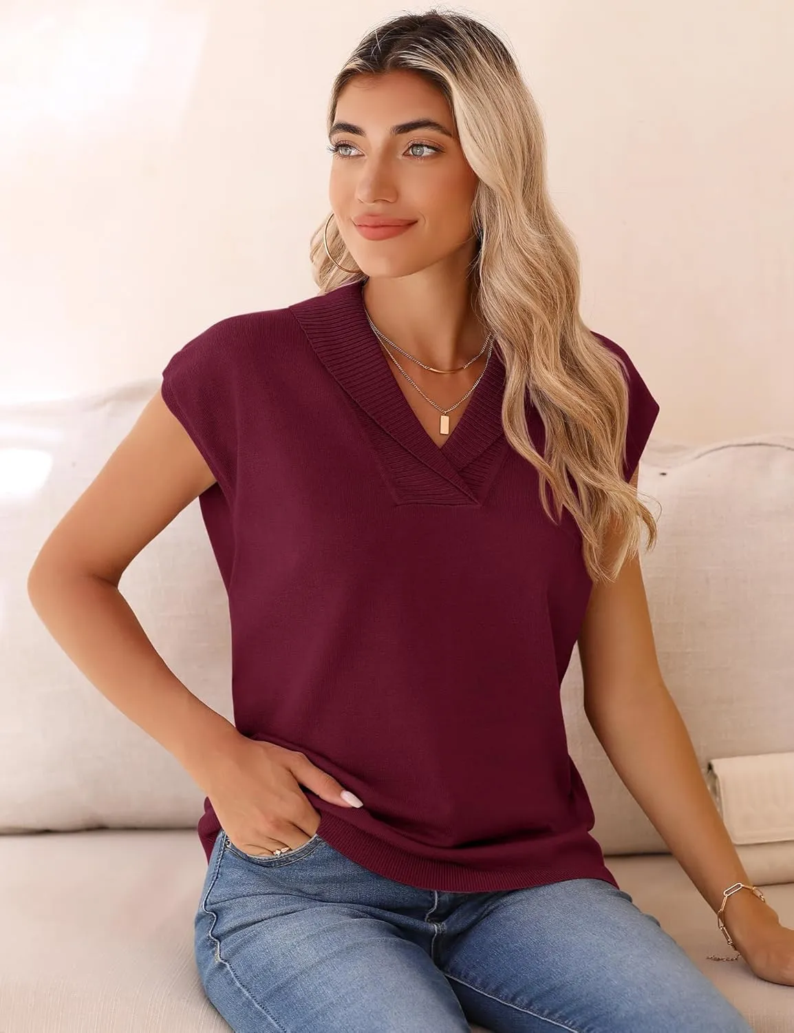 Ivicoer Sweater Vest Women V-Neck Knitted Pullover Short Cap Sleeve Collared Tops Dressy Casual 2025 Summer Fashion Trendy