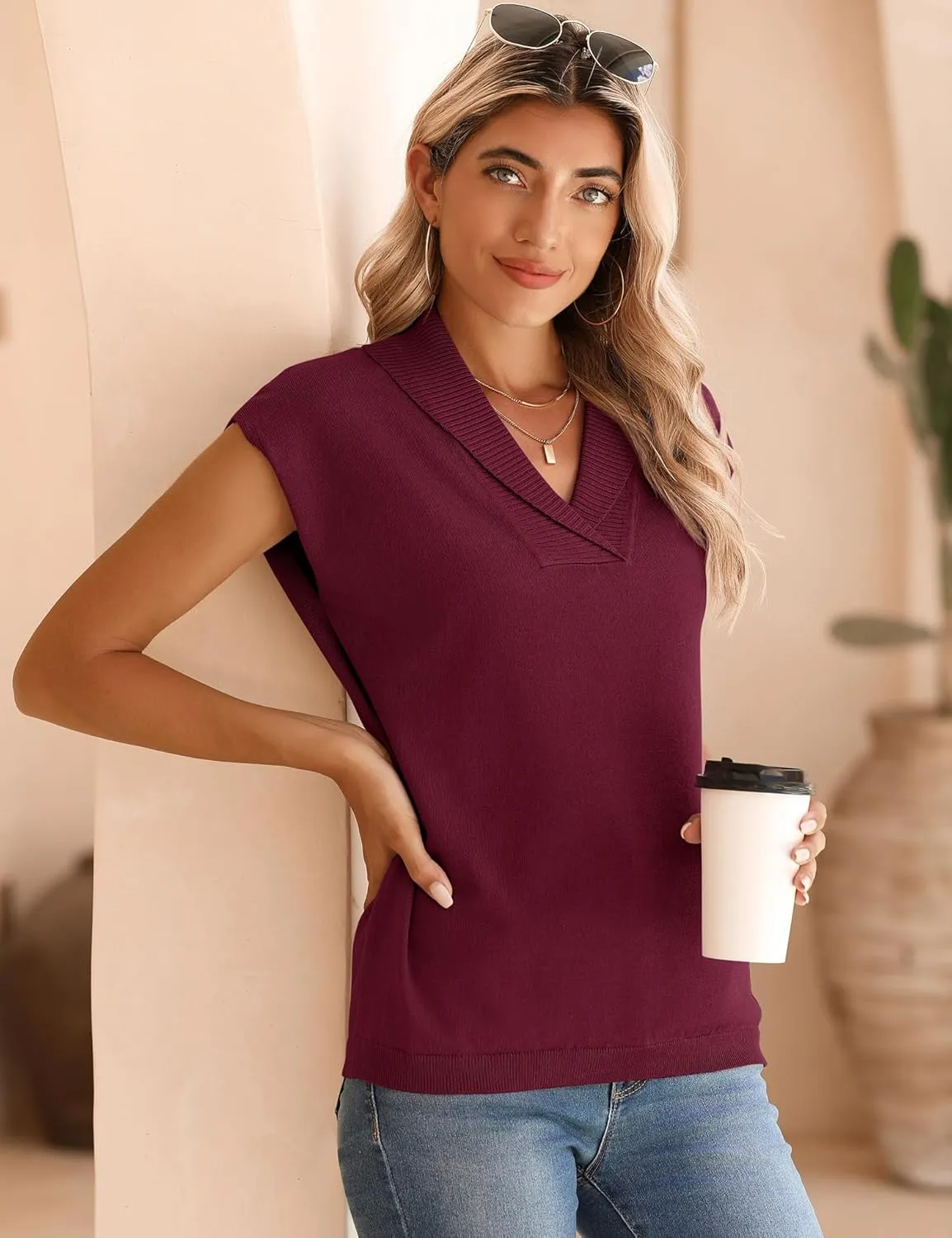 Ivicoer Sweater Vest Women V-Neck Knitted Pullover Short Cap Sleeve Collared Tops Dressy Casual 2025 Summer Fashion Trendy