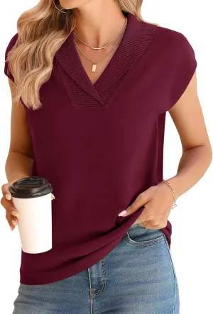 Ivicoer Sweater Vest Women V-Neck Knitted Pullover Short Cap Sleeve Collared Tops Dressy Casual 2025 Summer Fashion Trendy