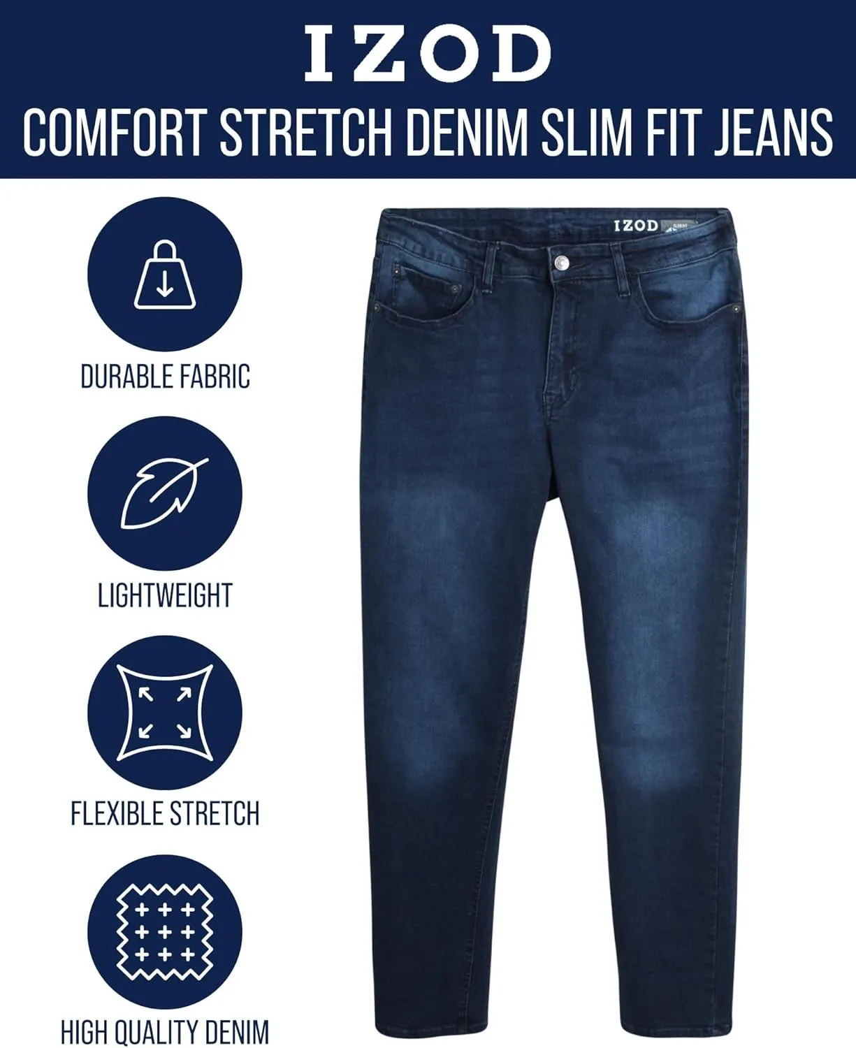 IZOD Men's Slim Fit Jeans - Classic Comfort Stretch Lightweight Denim Jeans - Casual Work Pants for Men
