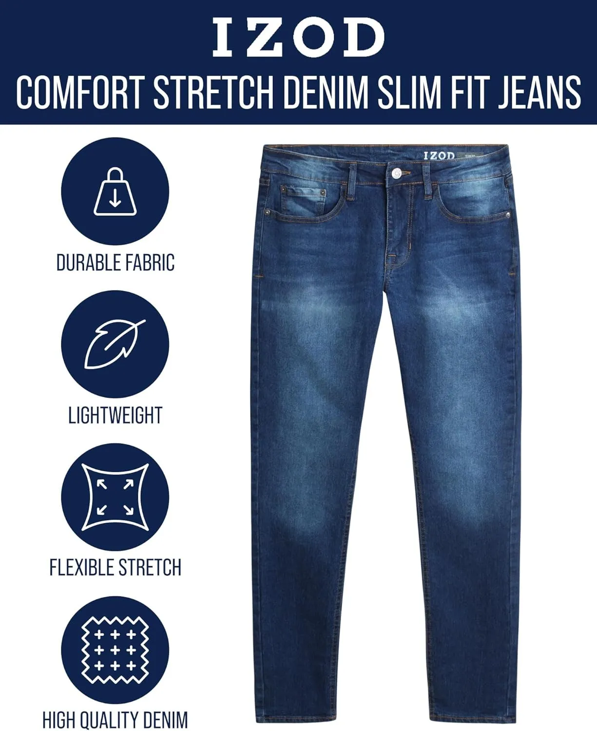 IZOD Men's Slim Fit Jeans - Classic Comfort Stretch Lightweight Denim Jeans - Casual Work Pants for Men