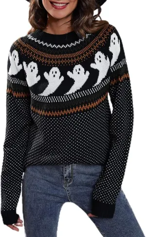 JUNBOON Womens Casual Leopard Print Knitted Pullover Sweaters Long Sleeve Crew Neck Jumper Tops