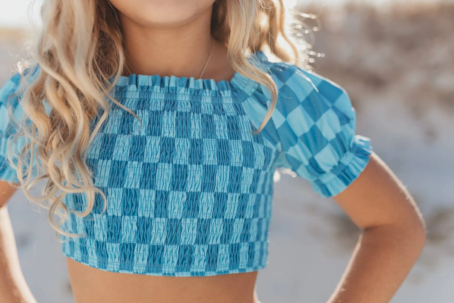 Kids Turquoise & Blue Check Ruched 2 Piece Swimsuit