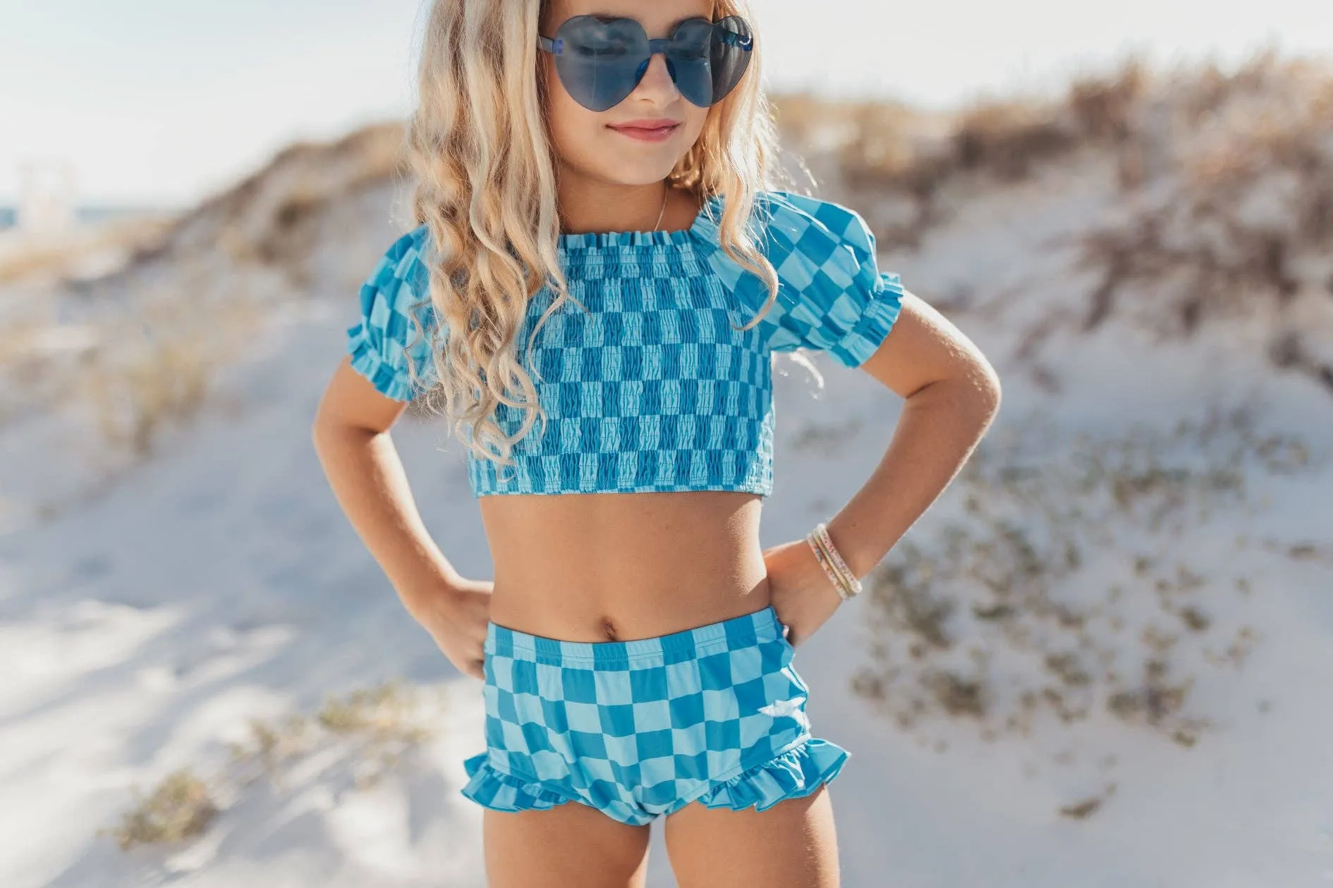 Kids Turquoise & Blue Check Ruched 2 Piece Swimsuit