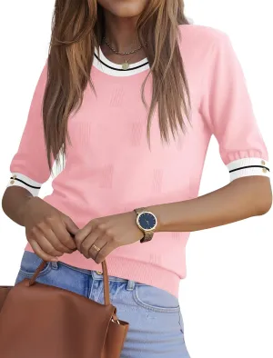 Kistore Womens Short Sleeve Sweaters Crewneck Sweater Shirts Business Casual Tops Outfits with Decor Buttons