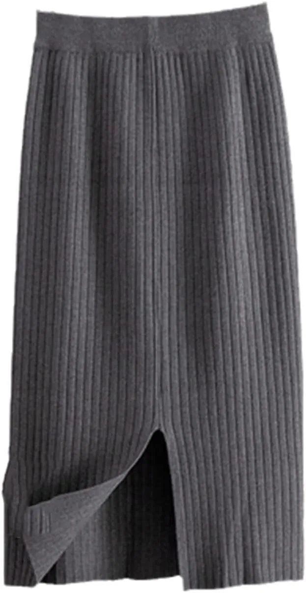 Knitted Midi Long Pencil Black Skirt Autumn Bag Hip One-Step Mid-Length Straight Woolen Skirt Winter Outer Wear Skirt