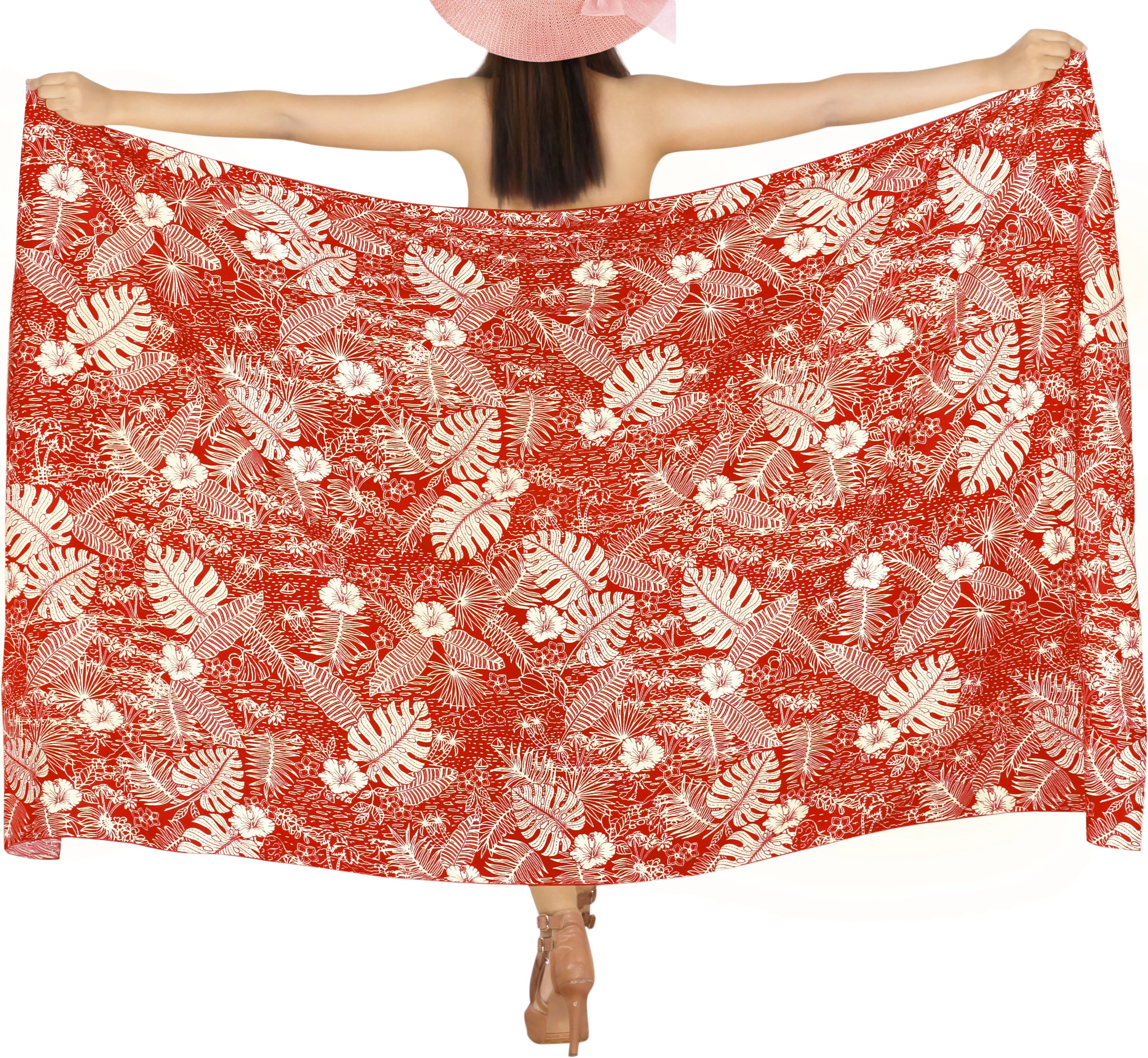 LA LEELA Printed RED Beach Sarong for Women Beach Wrap Cover Up for Swimsuit - ONE SIZE