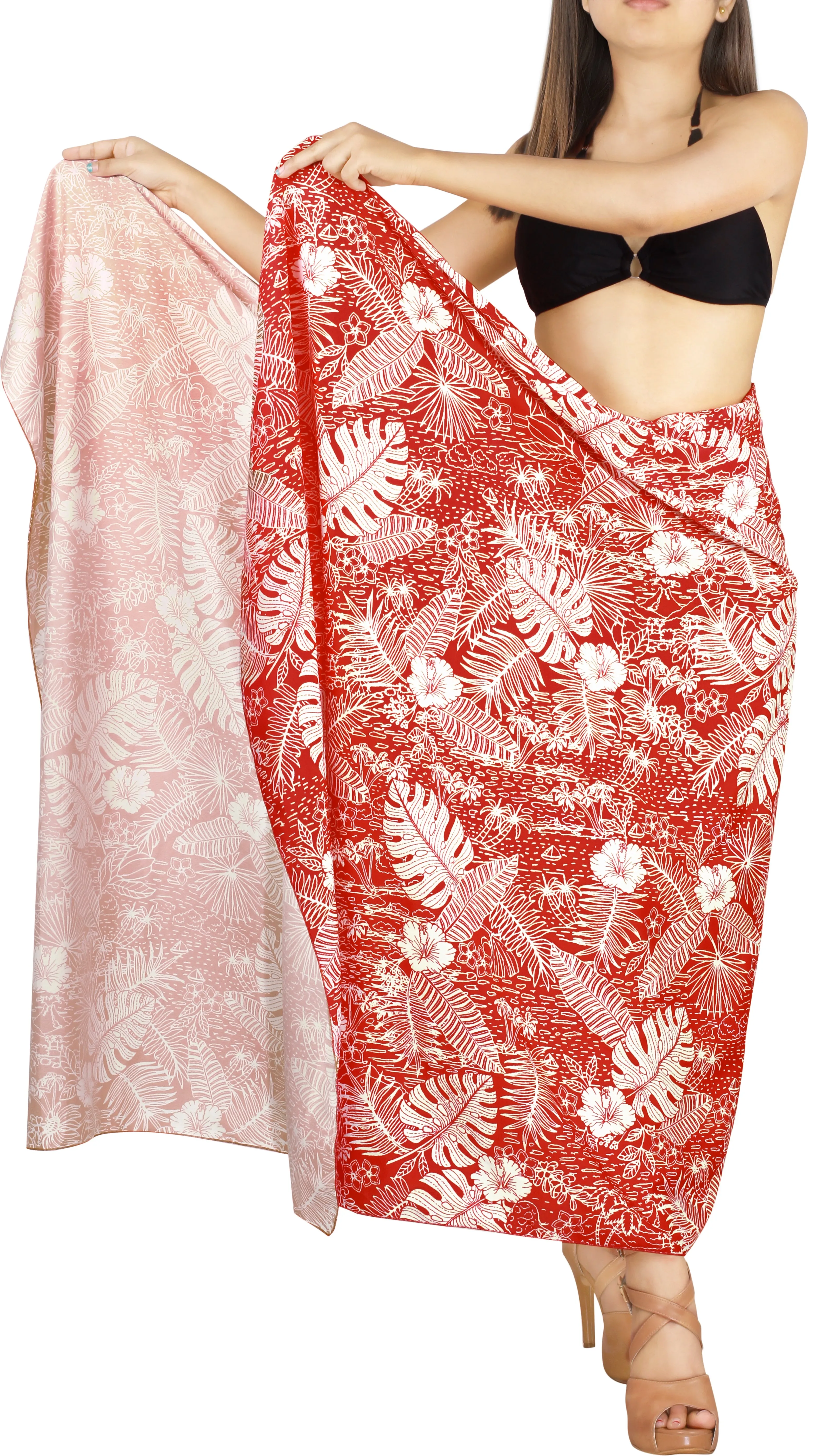 LA LEELA Printed RED Beach Sarong for Women Beach Wrap Cover Up for Swimsuit - ONE SIZE