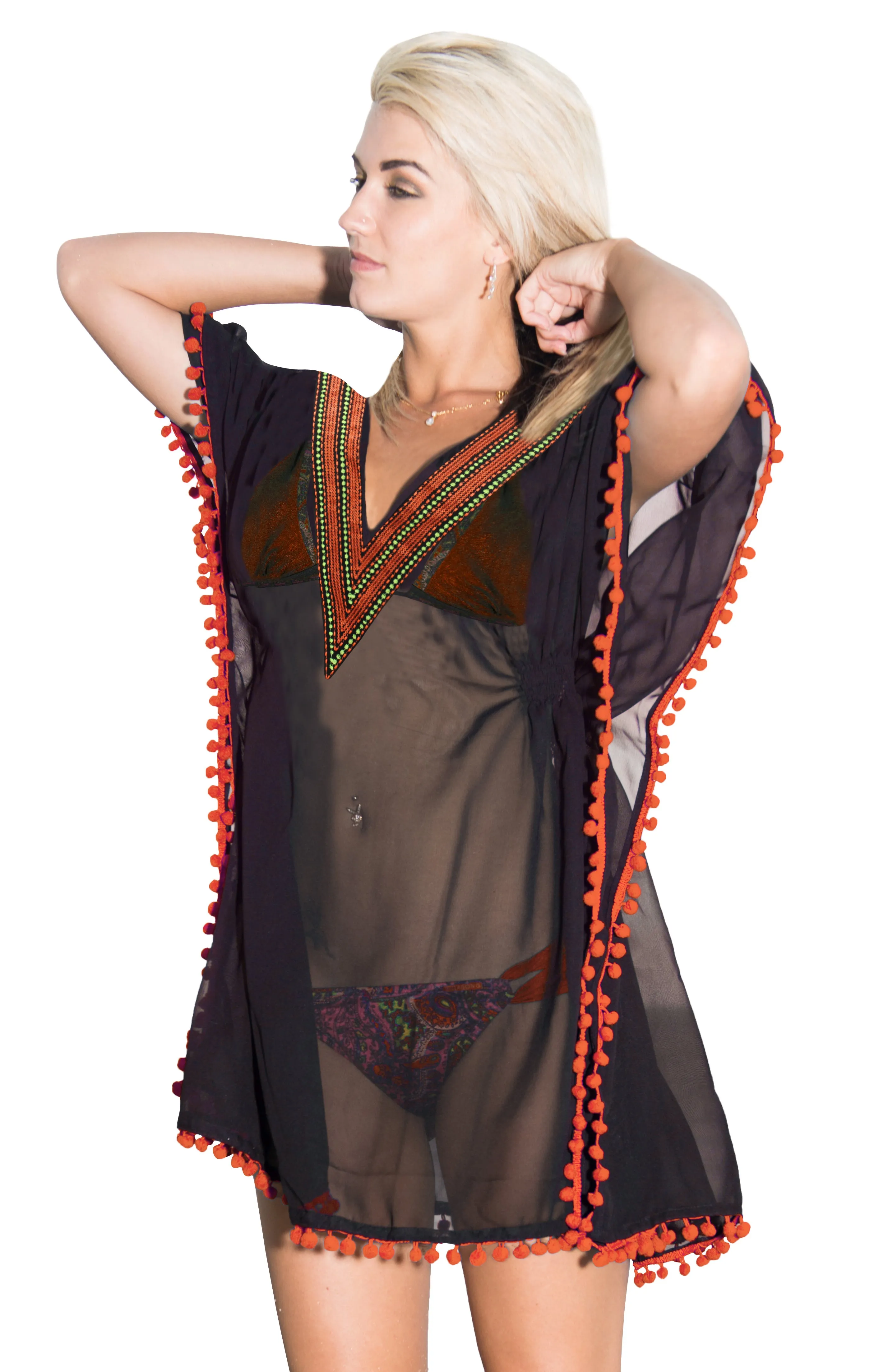 La Leela Sequin EMROIDERED Bikini Blouse Sheer Chiffon V Neck Cover up Orange