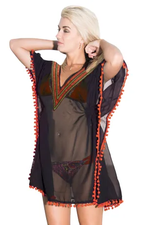 La Leela Sequin EMROIDERED Bikini Blouse Sheer Chiffon V Neck Cover up Orange