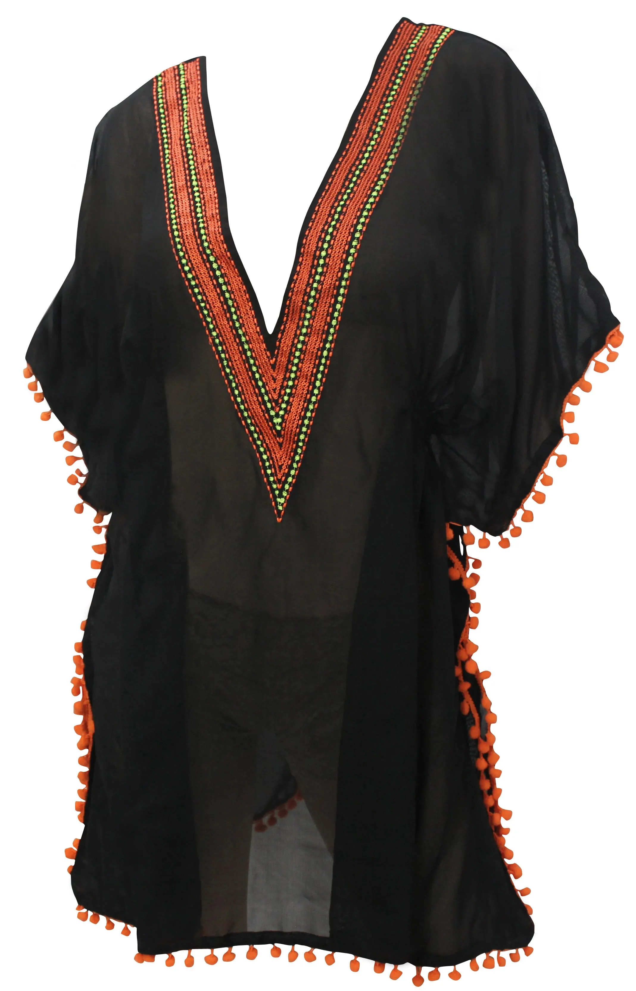 La Leela Sequin EMROIDERED Bikini Blouse Sheer Chiffon V Neck Cover up Orange
