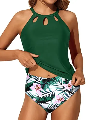 Laides Backless Tankini 2 Piece High Neck Bathing Suit-Green Tropical Floral