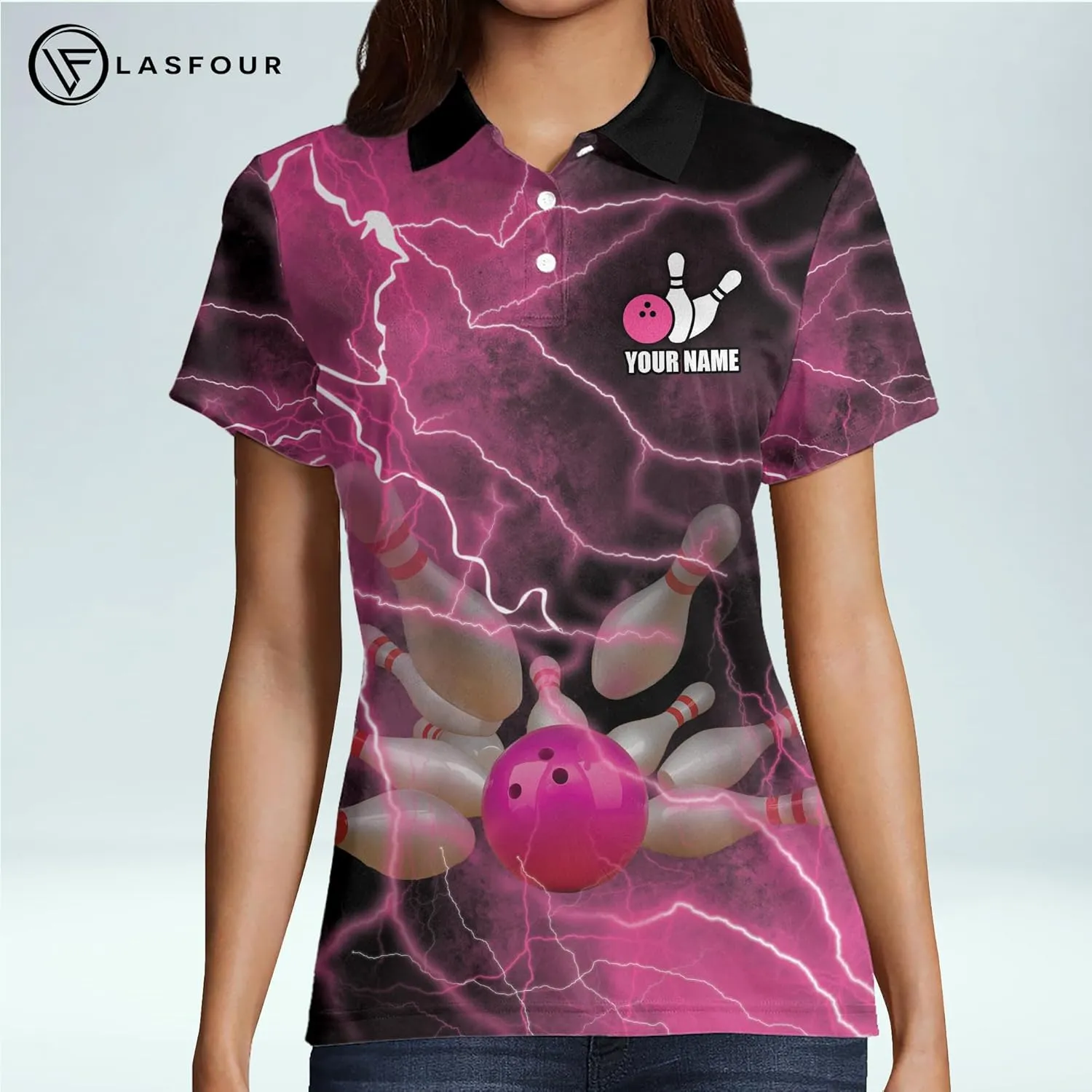 LASFOUR Personalized 3D Bowling Shirts for Women, Custom Quick-Dry Bowling Shirts Short Sleeve Polo for Girls