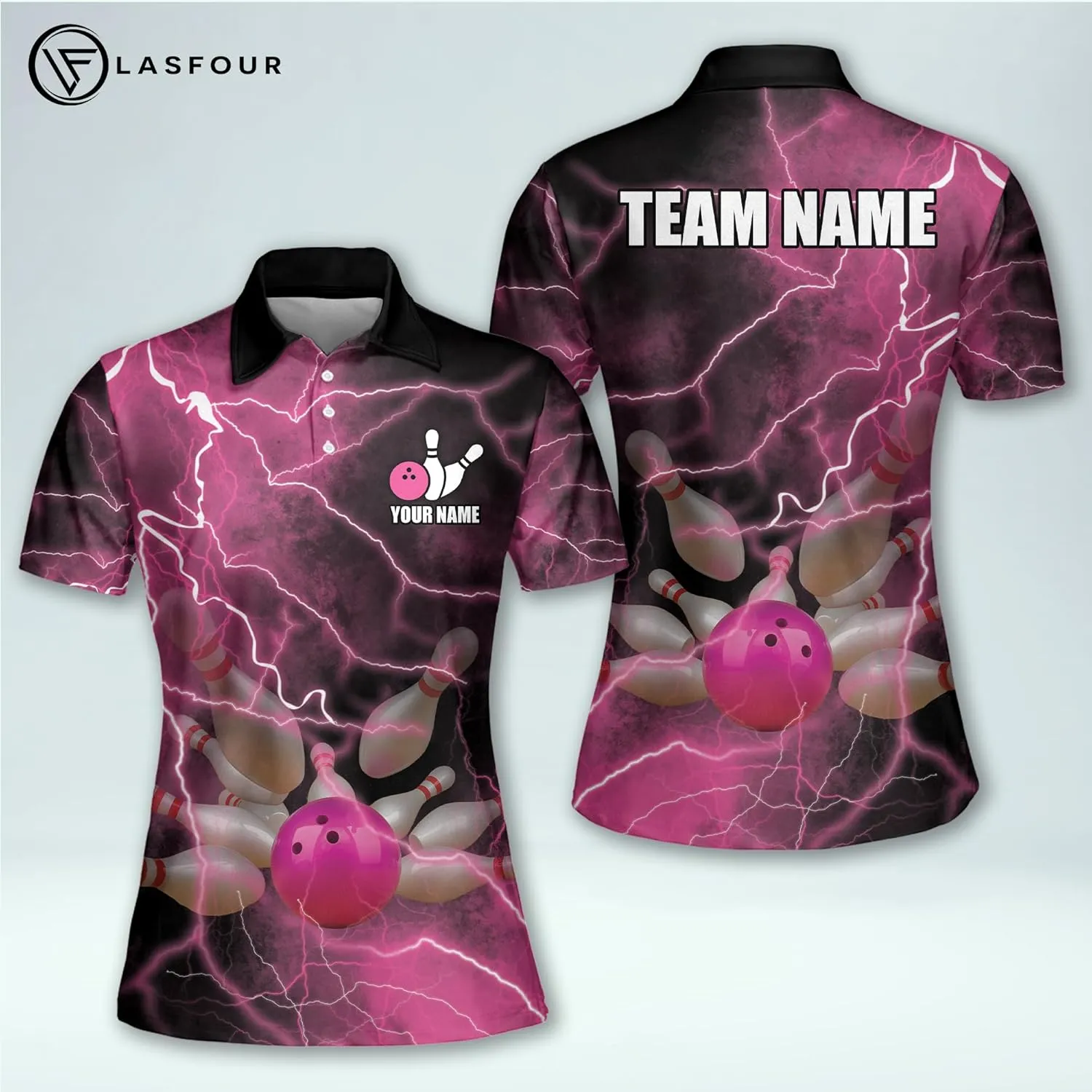 LASFOUR Personalized 3D Bowling Shirts for Women, Custom Quick-Dry Bowling Shirts Short Sleeve Polo for Girls
