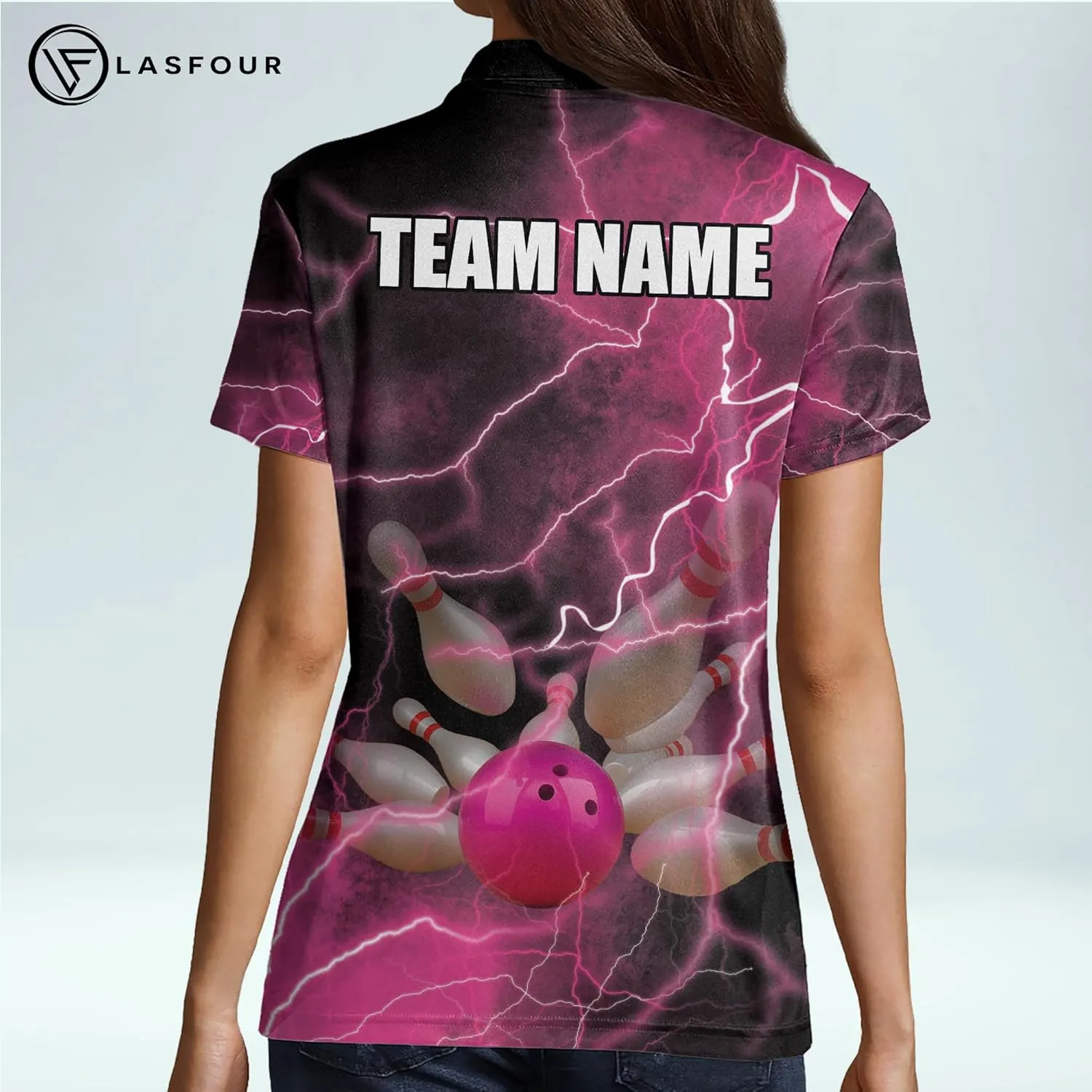 LASFOUR Personalized 3D Bowling Shirts for Women, Custom Quick-Dry Bowling Shirts Short Sleeve Polo for Girls
