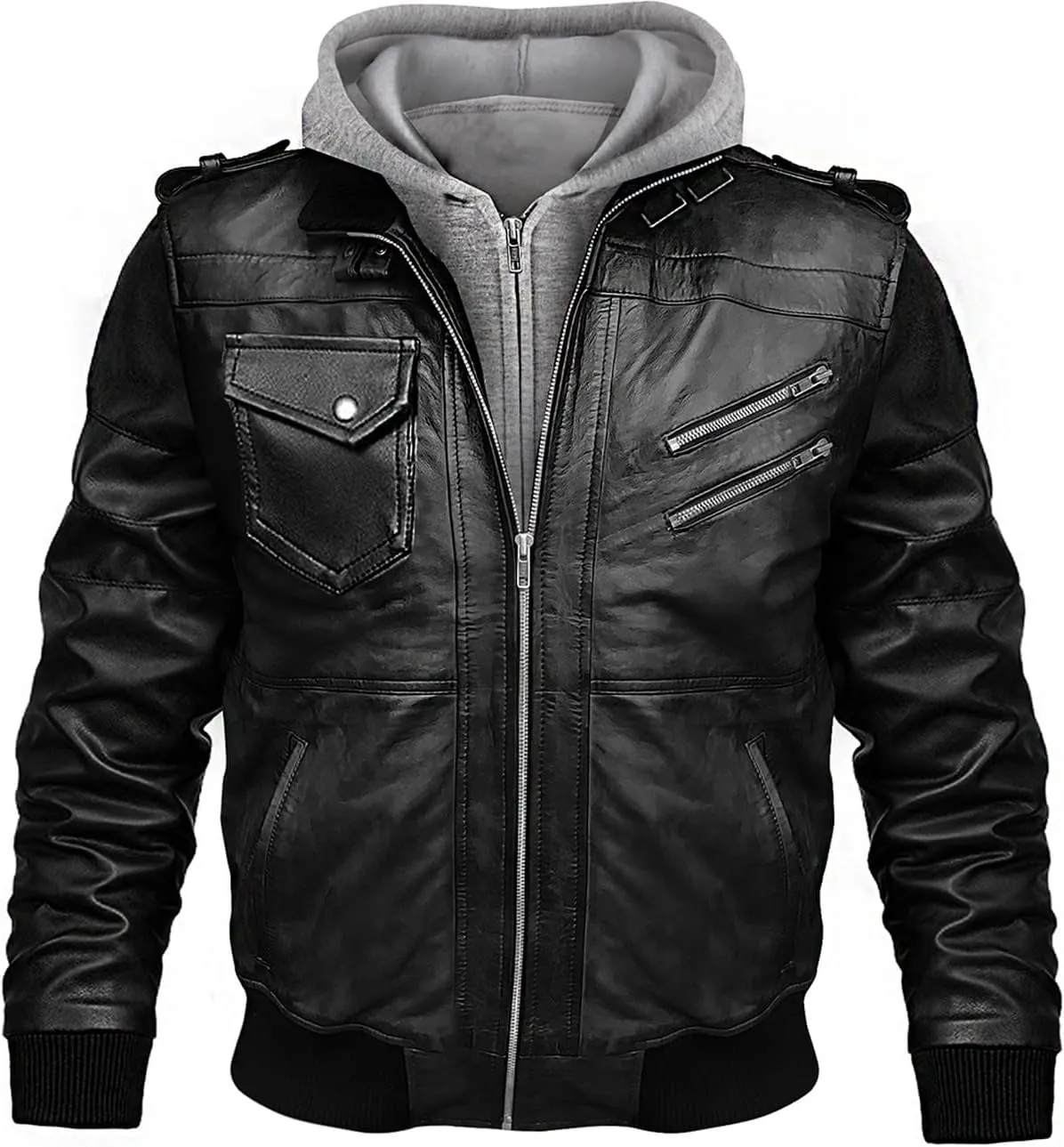 Leather Bomber Jackets for Men with Removable Hooded Real Leather Jacket