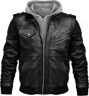 Leather Bomber Jackets for Men with Removable Hooded Real Leather Jacket
