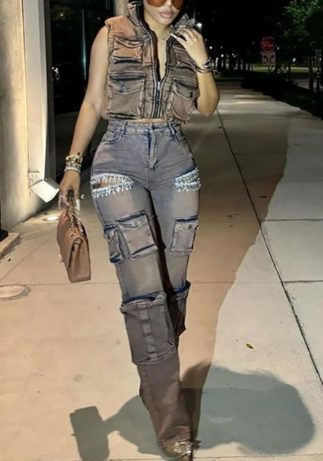 LETSVDO Women's Rhinestone Cargo Jeans High Waisted Wide Leg Baggy Sexy Ripped Cut Out Distressed Stretch Denim Pants