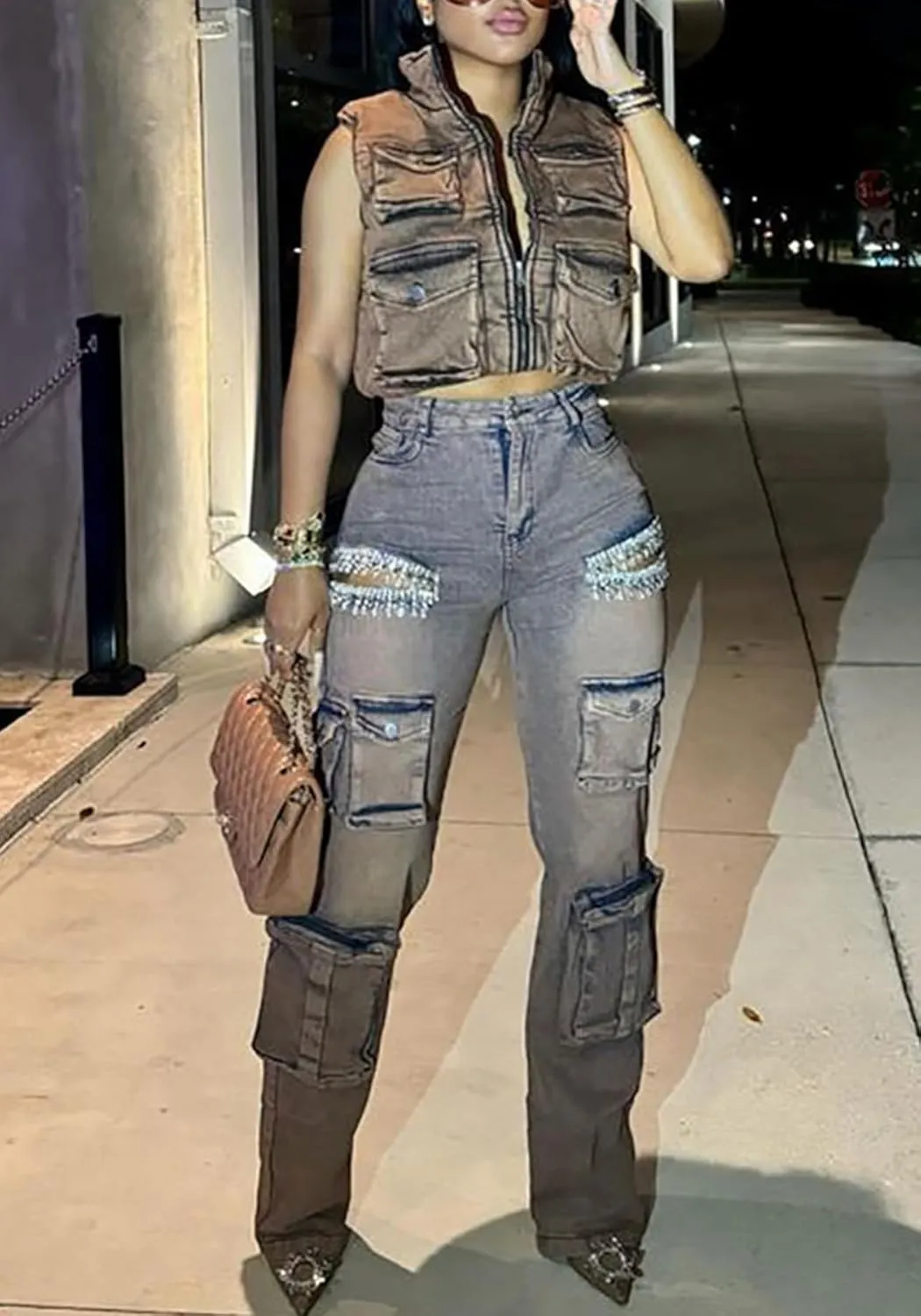 LETSVDO Women's Rhinestone Cargo Jeans High Waisted Wide Leg Baggy Sexy Ripped Cut Out Distressed Stretch Denim Pants