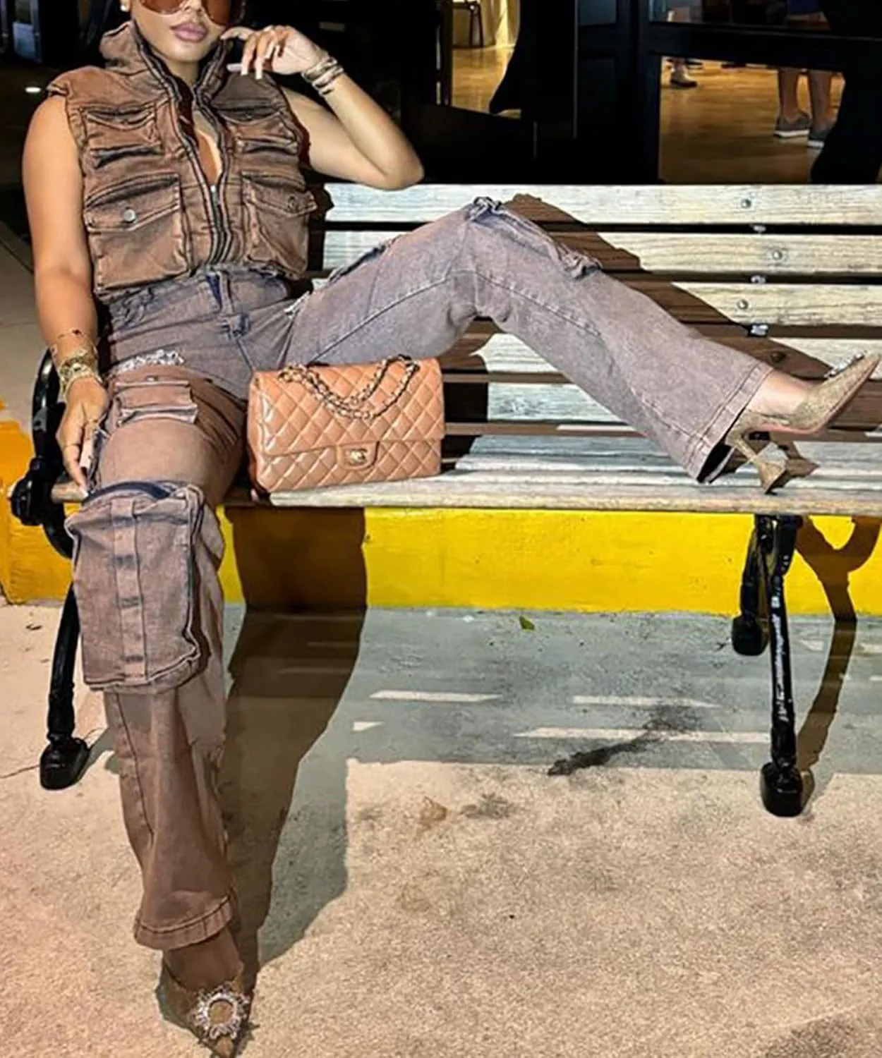 LETSVDO Women's Rhinestone Cargo Jeans High Waisted Wide Leg Baggy Sexy Ripped Cut Out Distressed Stretch Denim Pants
