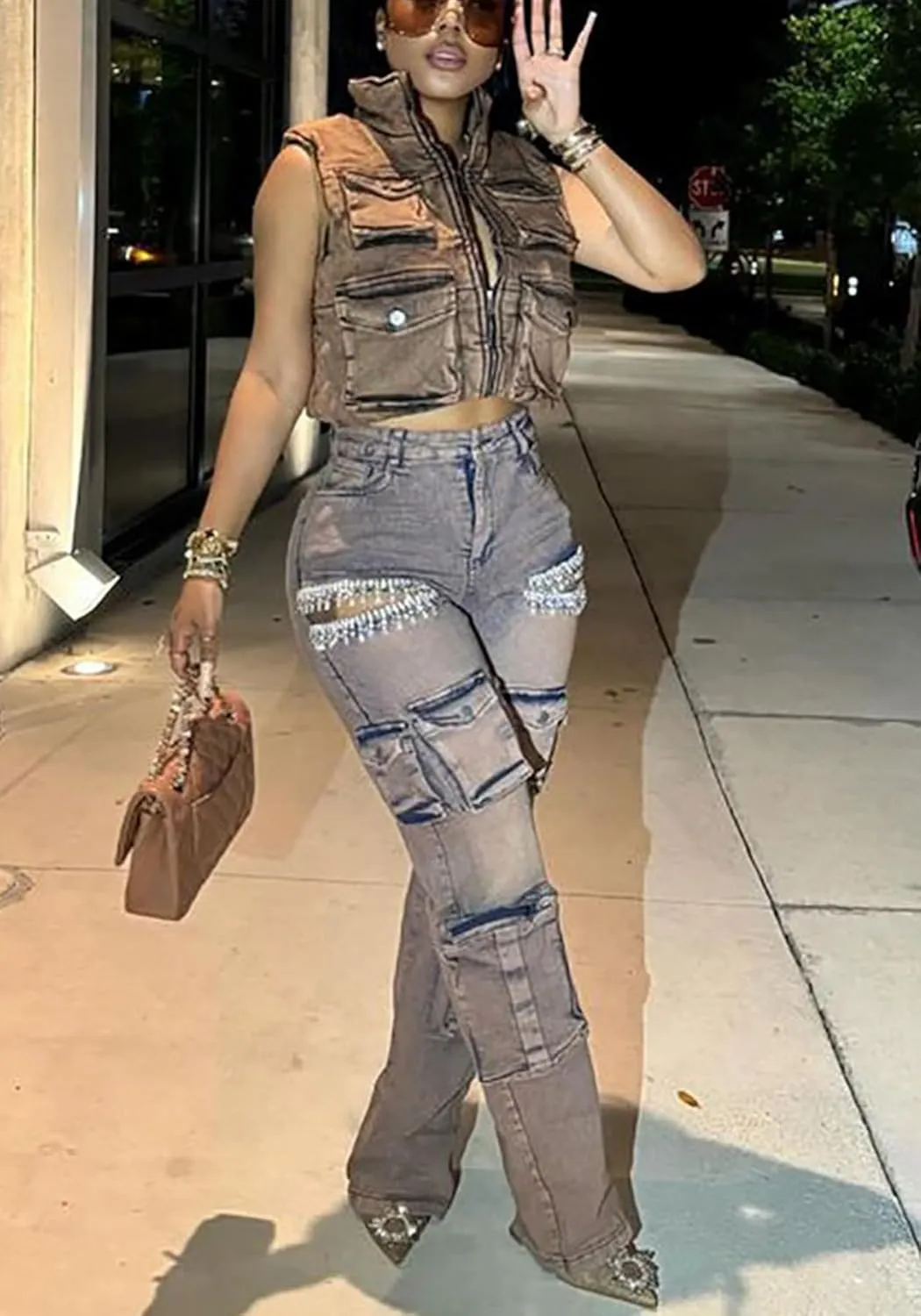 LETSVDO Women's Rhinestone Cargo Jeans High Waisted Wide Leg Baggy Sexy Ripped Cut Out Distressed Stretch Denim Pants