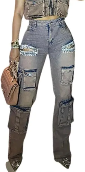LETSVDO Women's Rhinestone Cargo Jeans High Waisted Wide Leg Baggy Sexy Ripped Cut Out Distressed Stretch Denim Pants
