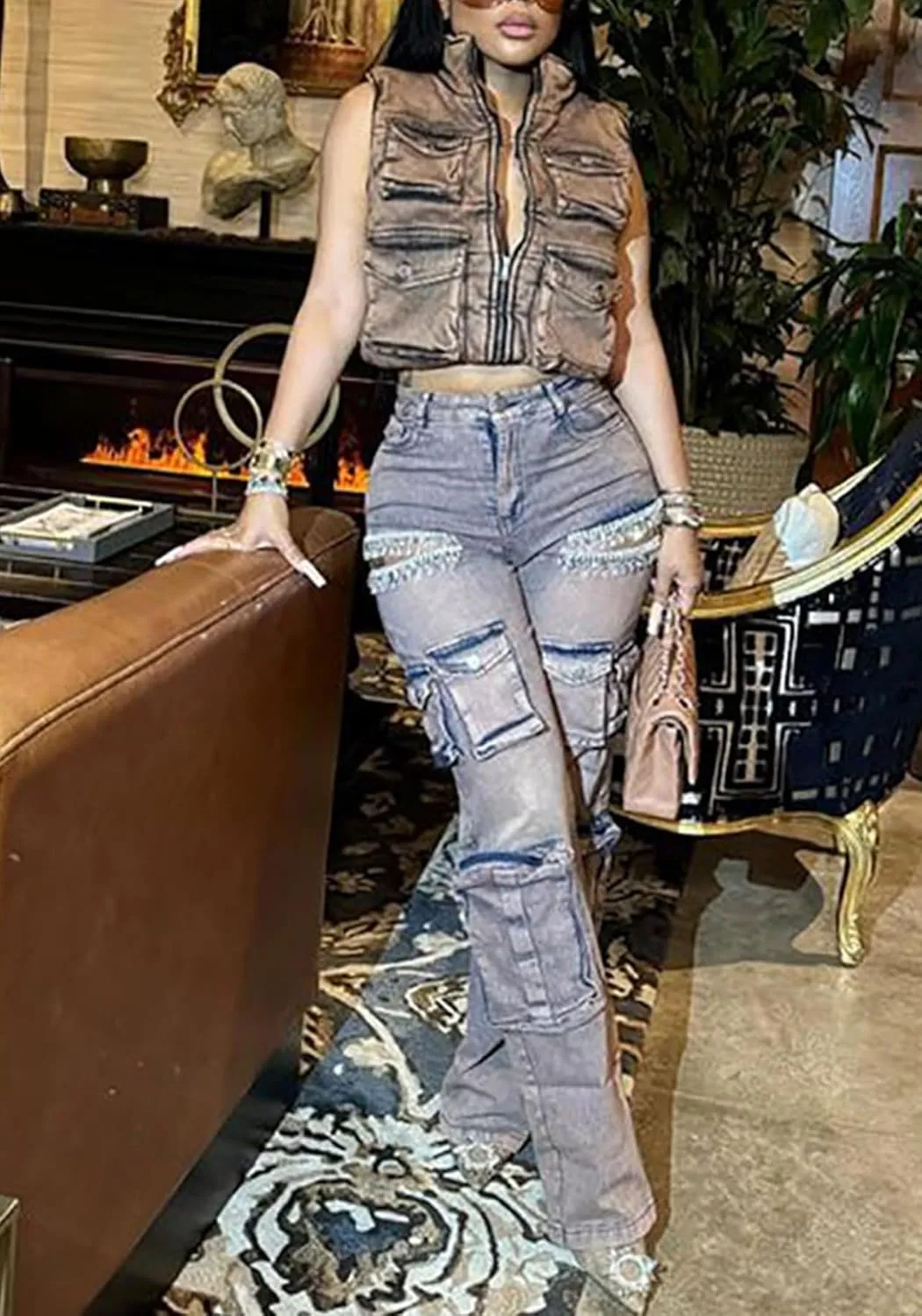 LETSVDO Women's Rhinestone Cargo Jeans High Waisted Wide Leg Baggy Sexy Ripped Cut Out Distressed Stretch Denim Pants