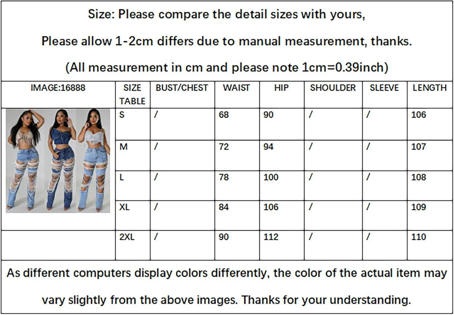 LETSVDO Women's Sexy Ripped Jeans High Waist Distressed Rhinestone Pearl Chains Stretch Denim Pants Clubwear