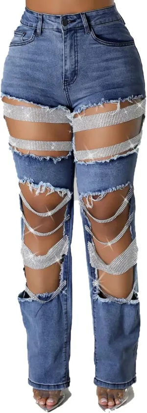 LETSVDO Women's Sexy Ripped Jeans High Waist Distressed Rhinestone Pearl Chains Stretch Denim Pants Clubwear