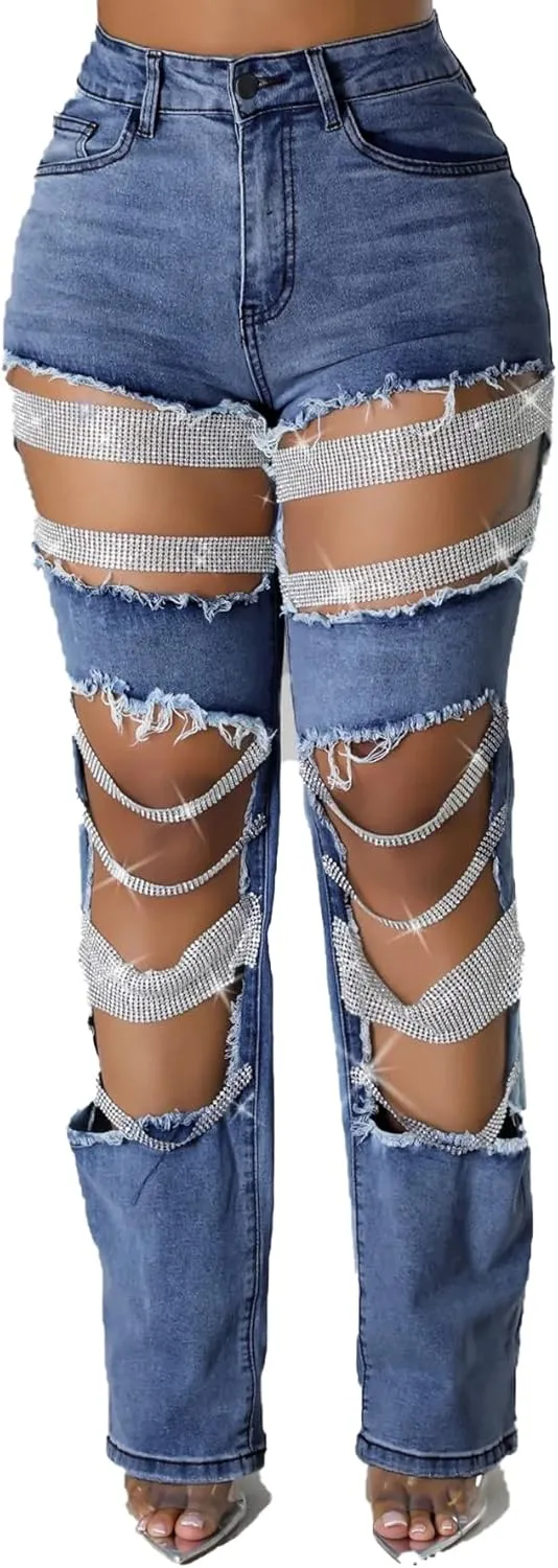 LETSVDO Women's Sexy Ripped Jeans High Waist Distressed Rhinestone Pearl Chains Stretch Denim Pants Clubwear