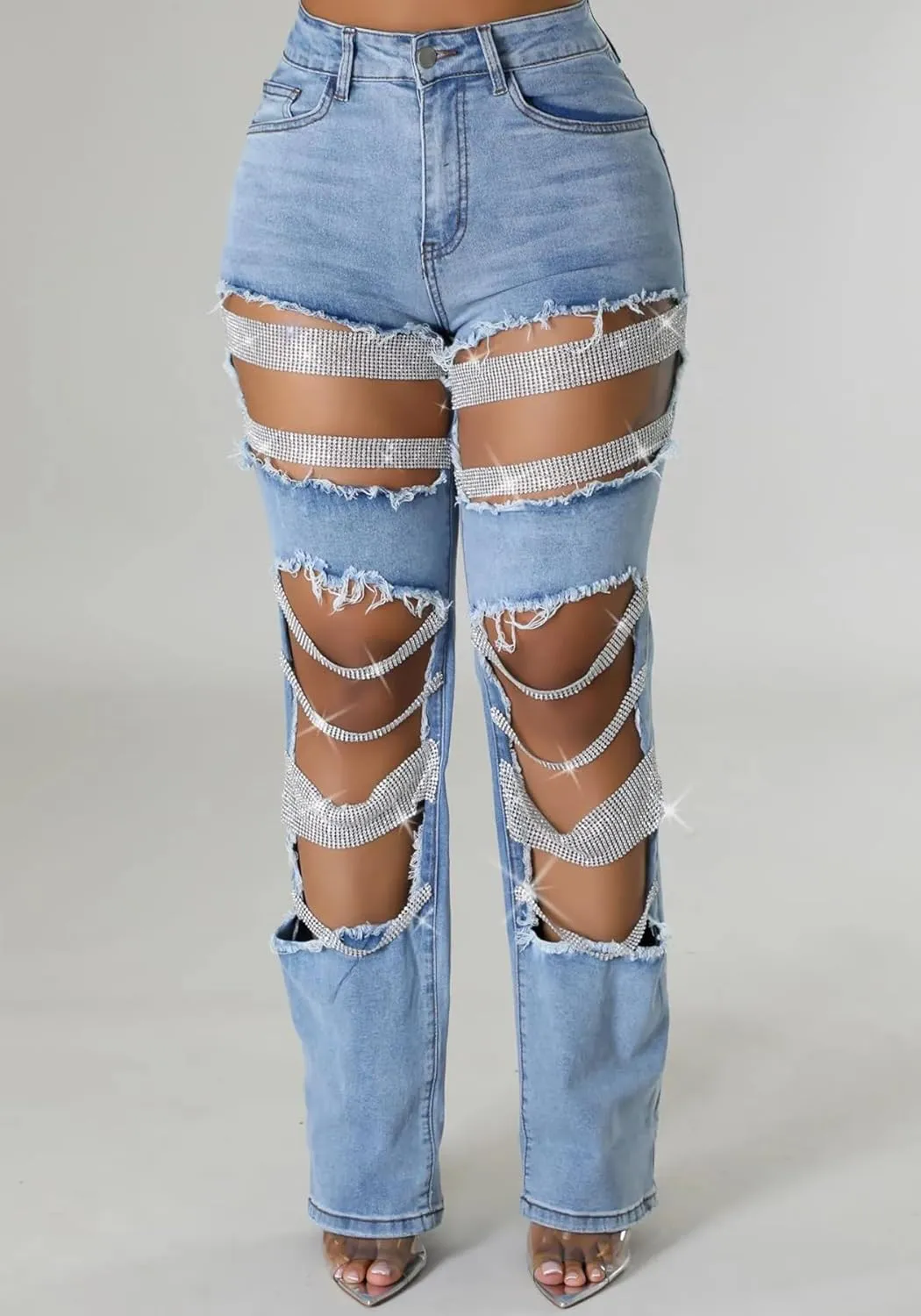 LETSVDO Women's Sexy Ripped Jeans High Waist Distressed Rhinestone Pearl Chains Stretch Denim Pants Clubwear