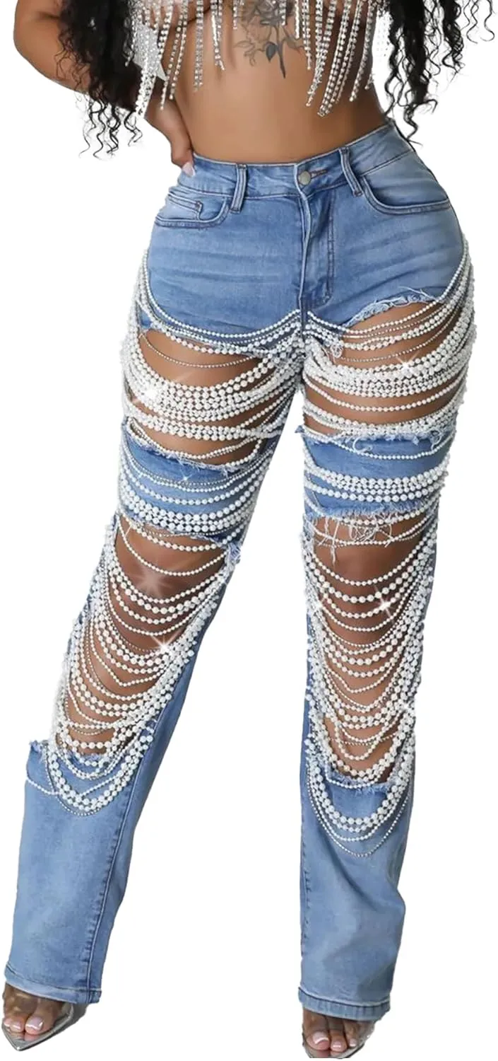 LETSVDO Women's Sexy Ripped Jeans High Waist Distressed Rhinestone Pearl Chains Stretch Denim Pants Clubwear