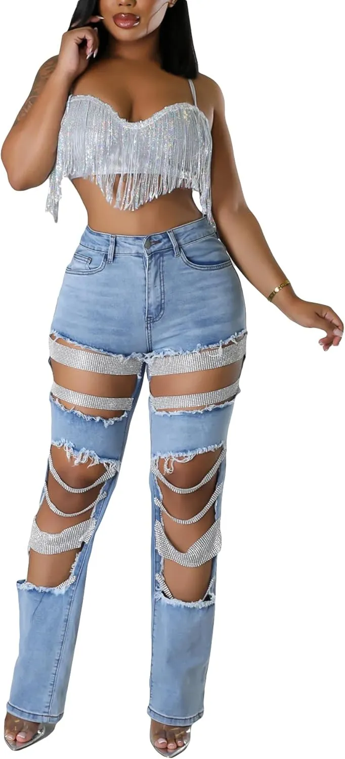 LETSVDO Women's Sexy Ripped Jeans High Waist Distressed Rhinestone Pearl Chains Stretch Denim Pants Clubwear