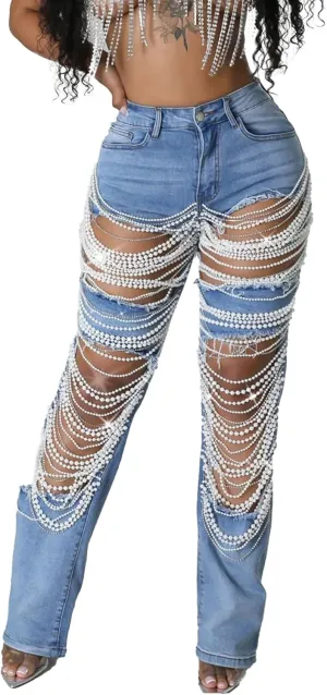 LETSVDO Women's Sexy Ripped Jeans High Waist Distressed Rhinestone Pearl Chains Stretch Denim Pants Clubwear