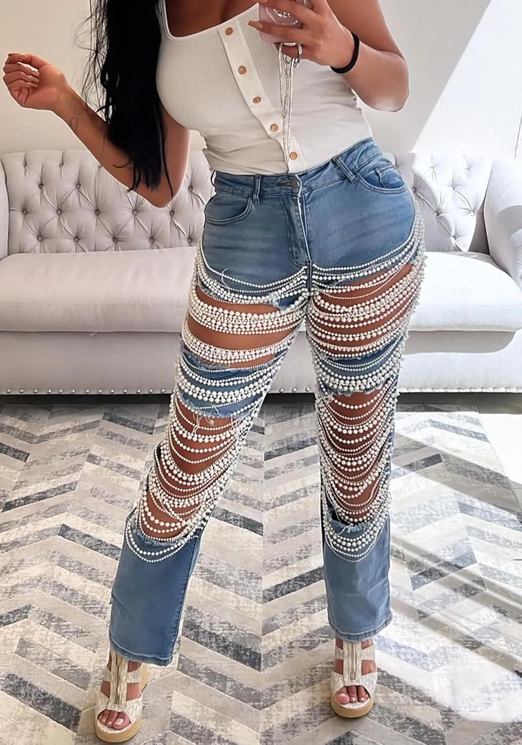 LETSVDO Women's Sexy Ripped Jeans High Waist Distressed Rhinestone Pearl Chains Stretch Denim Pants Clubwear