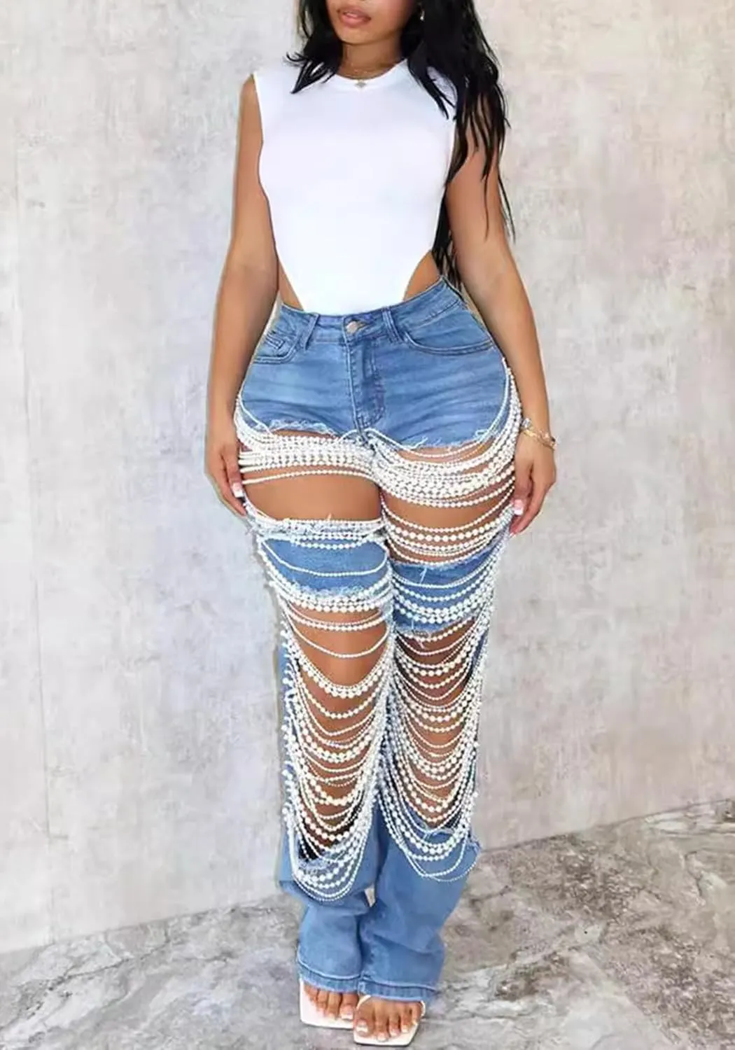 LETSVDO Women's Sexy Ripped Jeans High Waist Distressed Rhinestone Pearl Chains Stretch Denim Pants Clubwear